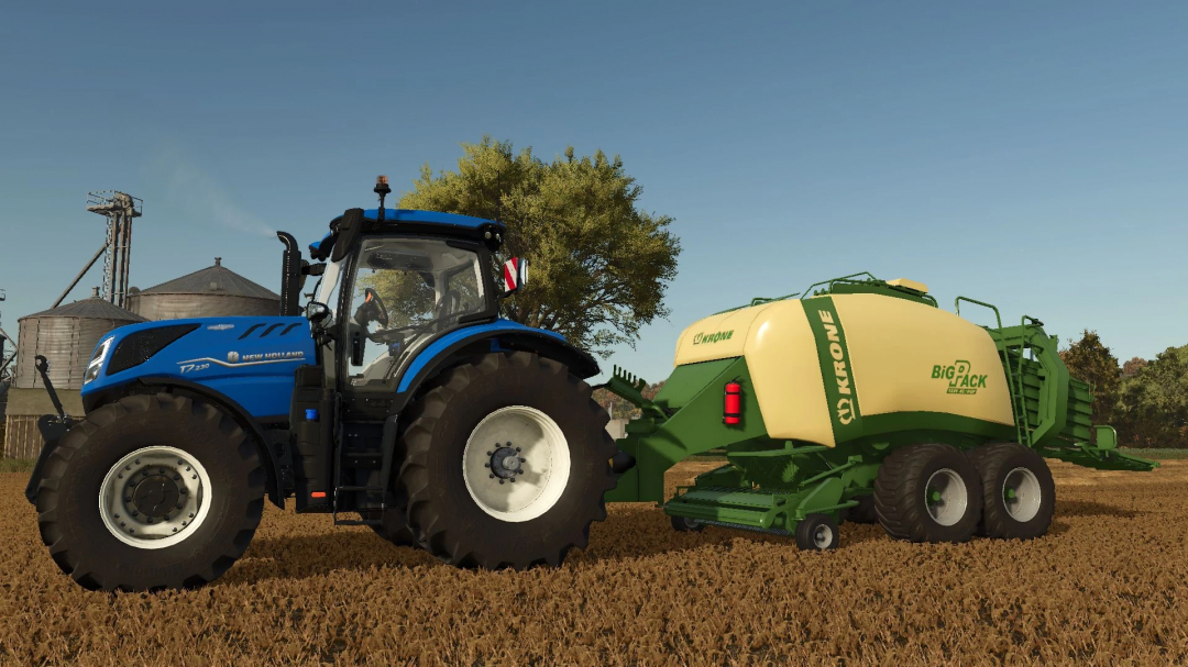 FS25 mod Krone Big Pack 1290 v1.0.0.0 with blue tractor in a field, Farming Simulator 25.