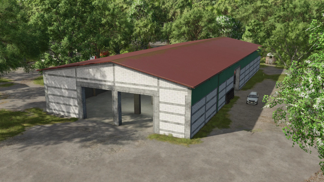 Large Warehouse mod for FS25 with red roof in lush green setting.