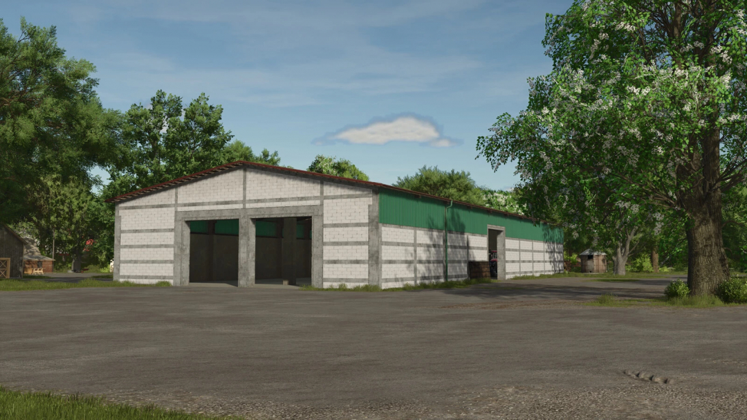 FS25 mod Large Warehouse v1.0.0.0, a brick and metal building in a farm setting with trees surrounding it.