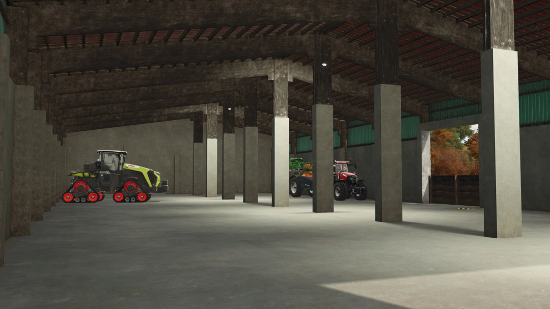 Interior of Large Warehouse v1.0.0.0 in FS25 featuring tractors, showcasing Farming Simulator 25 mods.