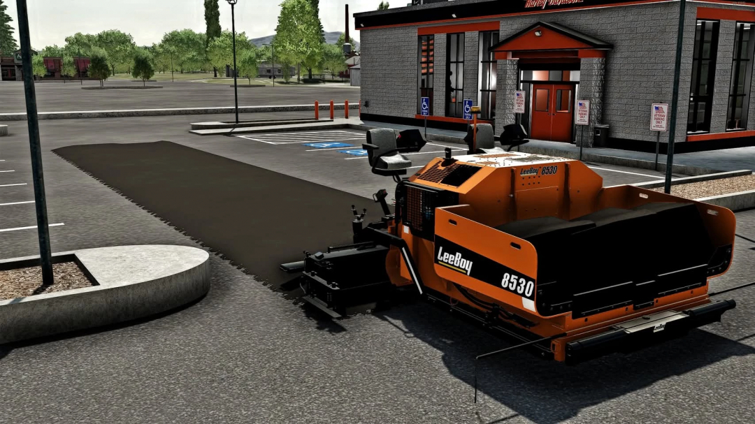 Lee Boy 8530 paver in FS22 mod, paving a parking lot.