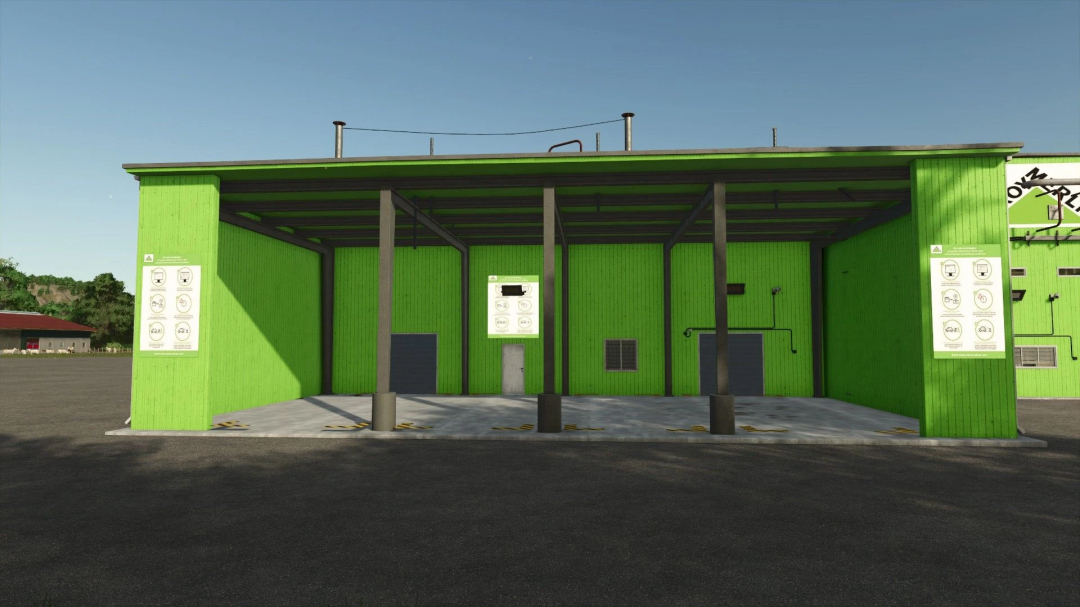 FS25 Leroy Merlin mod v1.0.0.1 showing a bright green storage building in Farming Simulator 25.