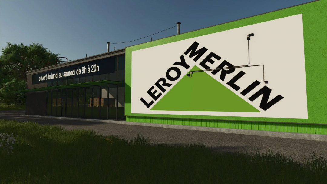 FS25 mod Leroy Merlin store exterior with sign and opening hours