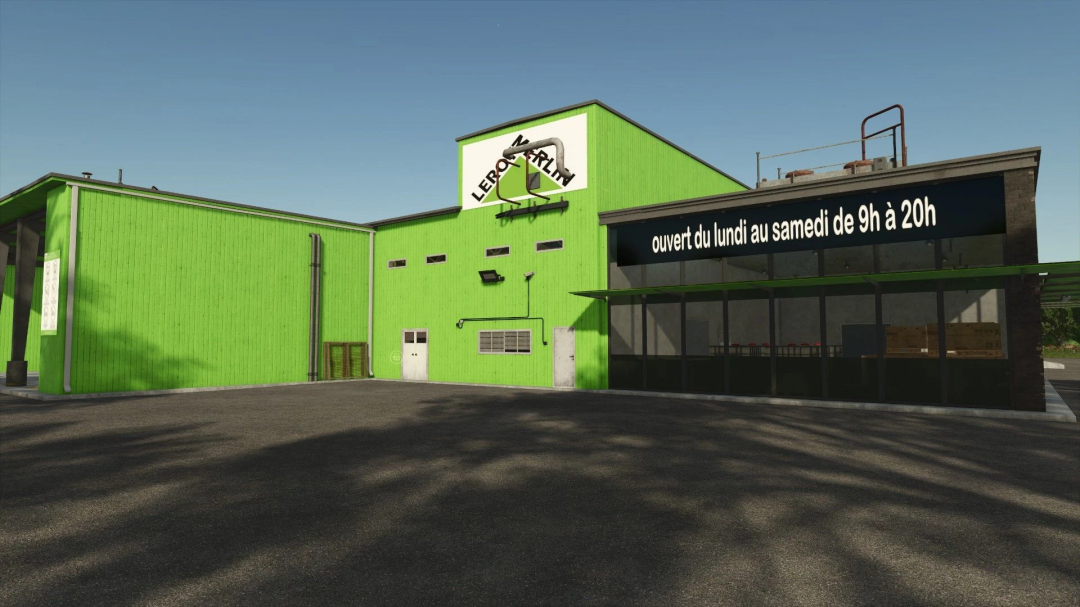 Leroy Merlin mod for FS25, featuring a green building with an opening schedule.