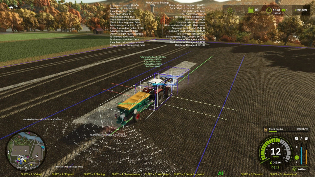 FS25 mod Lizard RCW 5 v1.0.0.0 in use, depicting a tractor on a field with overlay settings active.