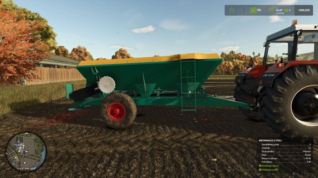 Lizard RCW 5 v1.0.0.0 mod in FS25 attached to a tractor on a farm field.