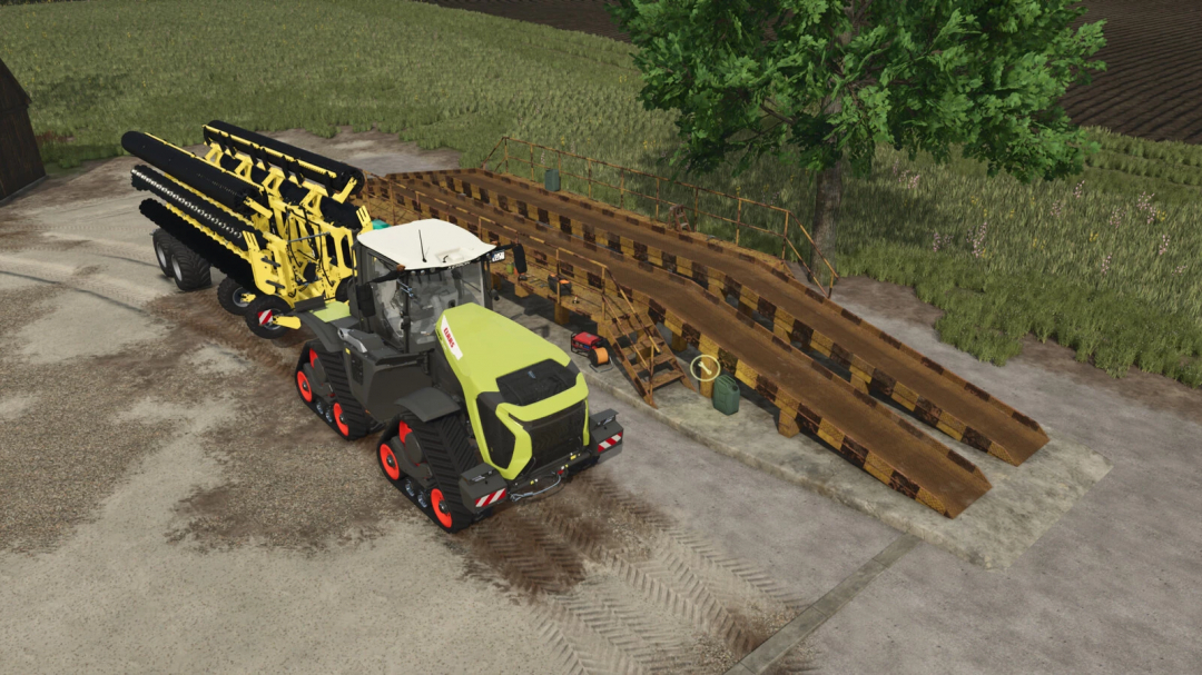 FS25 mod Lizard Repair Ramp v1.0.0.0 with a large tractor and equipment displayed in a grassy farm area.