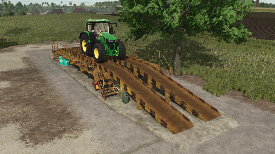 FS25 mod Lizard Repair Ramp v1.0.0.0 with tractor on ramp in farm setting.