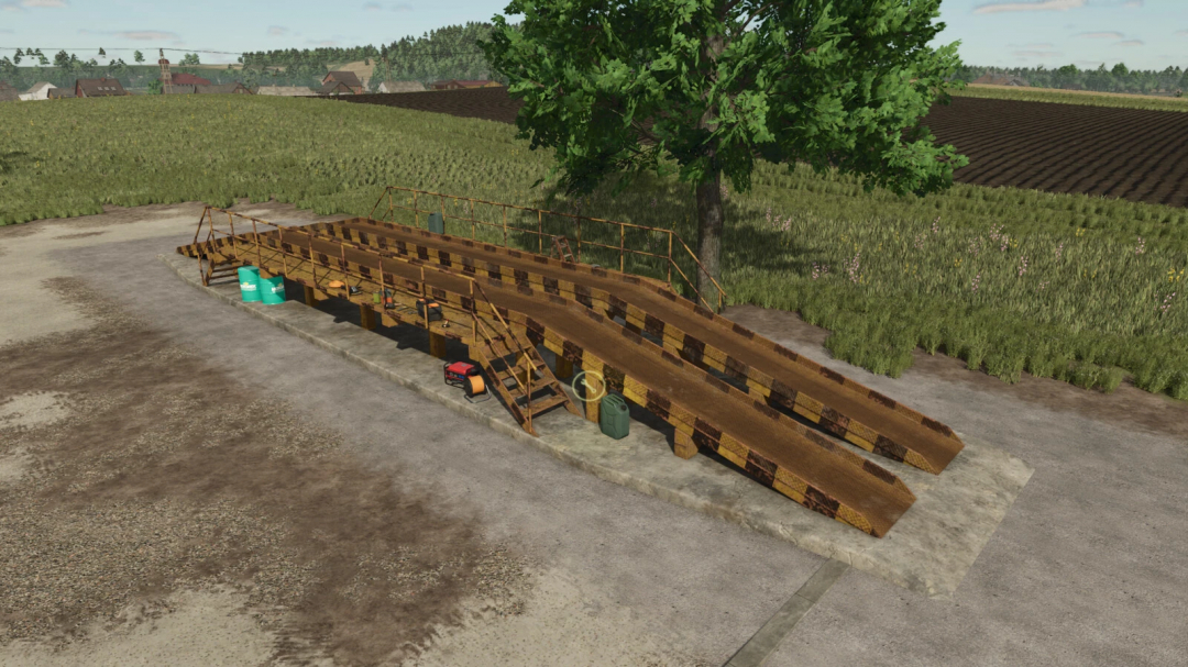 FS25 mod Lizard Repair Ramp v1.0.0.0 in a farm setting, showcasing the sturdy wooden structure for vehicle maintenance.