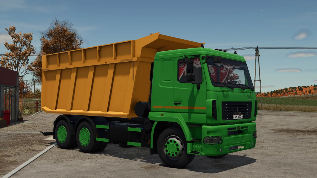 MAZ 6501 truck mod in FS25, featuring a green cab and yellow 20m3 cargo bed.