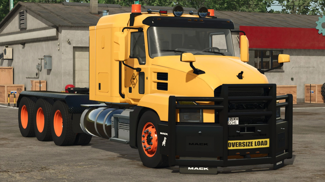 FS25 mod Mack Trucks Pack v1.0.0.0 featuring a yellow Mack truck with oversized load sign in Farming Simulator 25.