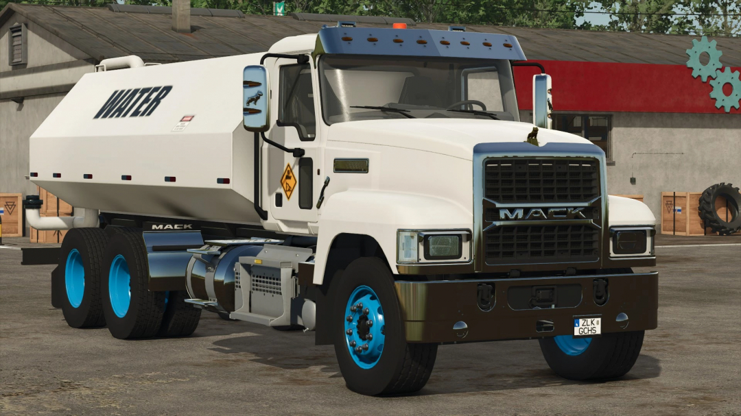 Mack Trucks Pack v1.0.0.0 mod for FS25: A white water transport truck with 'Water' labeled tank, featuring blue wheels.