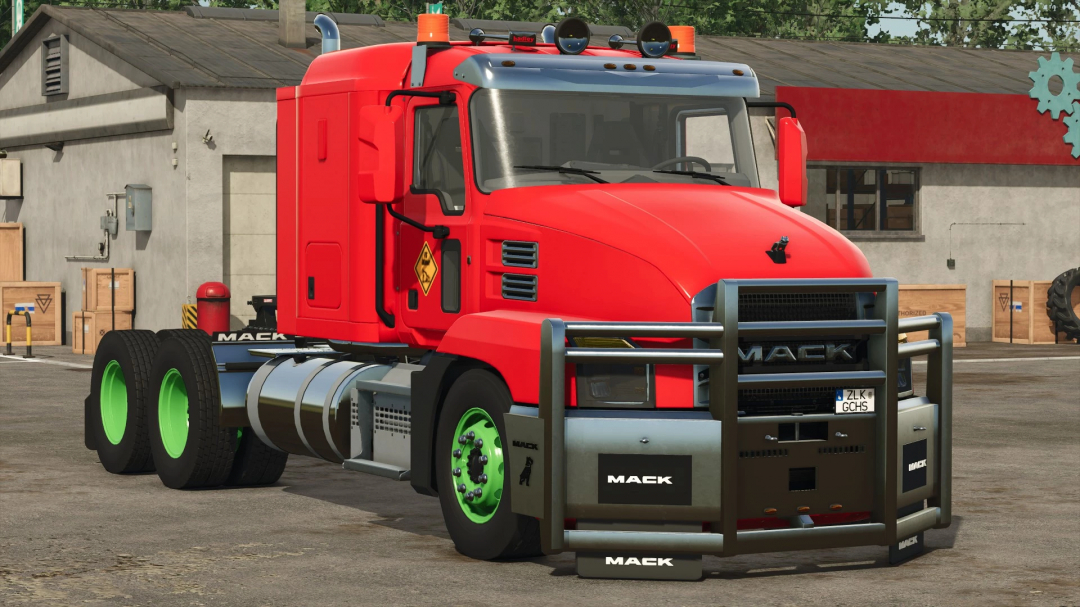 FS25 mod Mack Trucks Pack v1.0.0.0 featuring a red Mack truck with green wheels, displayed in a Farming Simulator 25 setting.