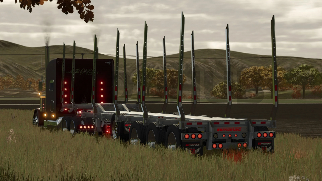 Manac Powerwing trailer mod in FS25, showcasing detailed design in a scenic farming landscape.