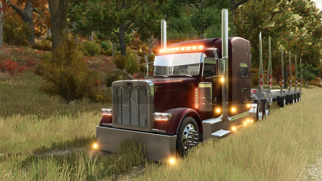 FS25 mod Manac Powerwing v2.5.3.0 with a truck and trailer in a forest scene.