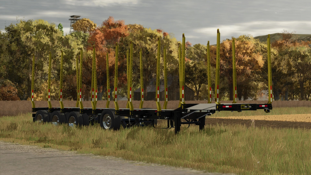 FS25 mod Manac Powerwing v2.5.3.0 trailer in a field setting, showcasing vibrant autumn foliage.