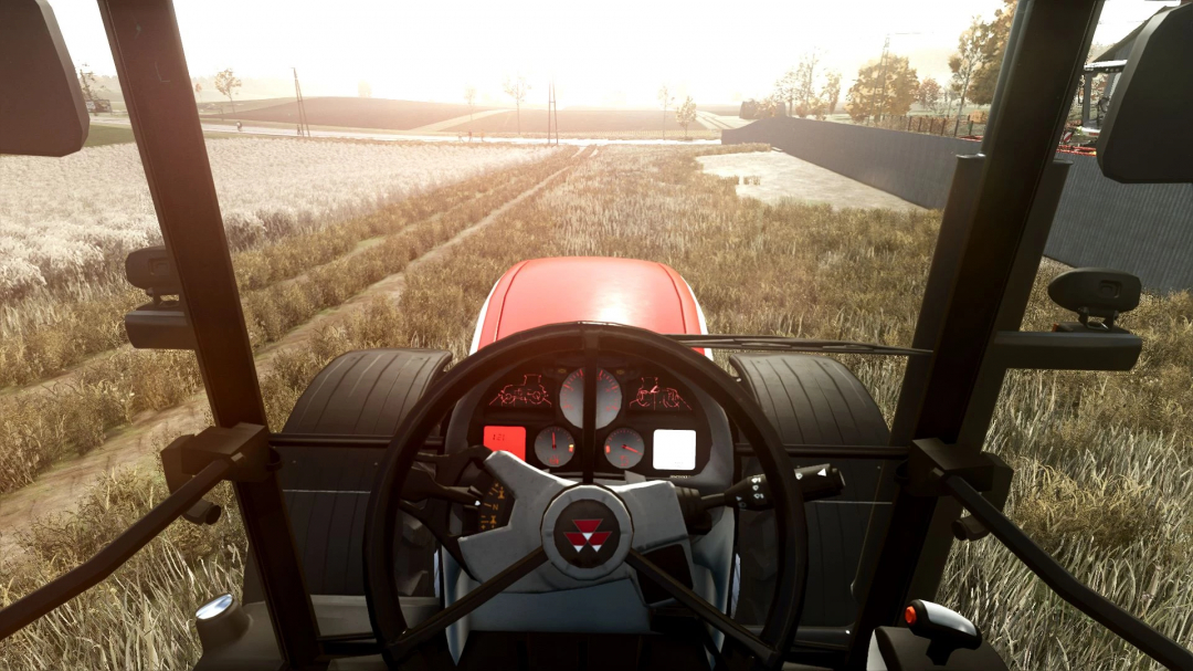 View from inside a Massey Ferguson 8480 tractor mod in FS25 overlooking a field.