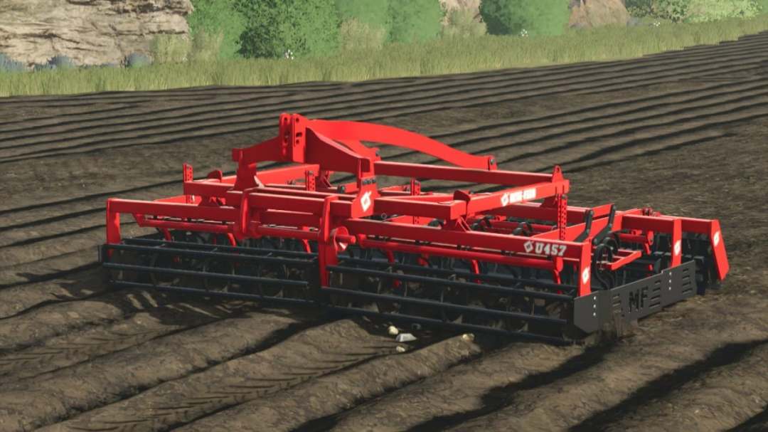 Massey Ferguson U457 mod for FS25, featuring a red agricultural machine on a freshly tilled field in Farming Simulator 25.