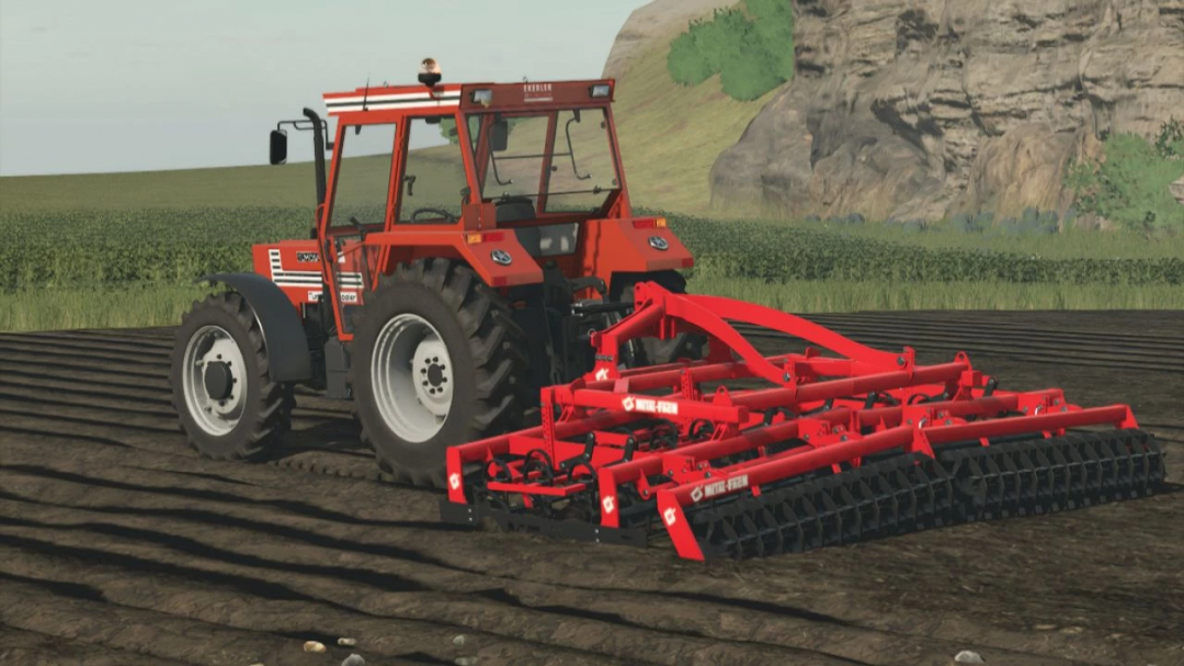 Massey Ferguson U457 tractor mod in FS25, plowing a field with red tiller equipment.