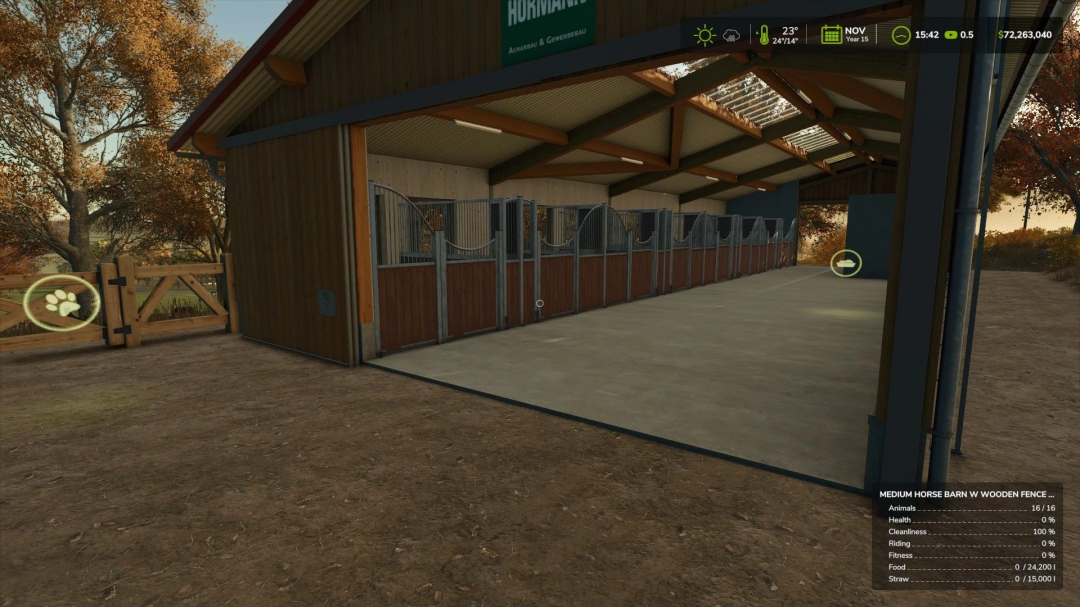 FS25 Medium Horse Barn with Wooden Fence AUTOWATER v1.0.0.0 mod showing barn interior with horse stalls.