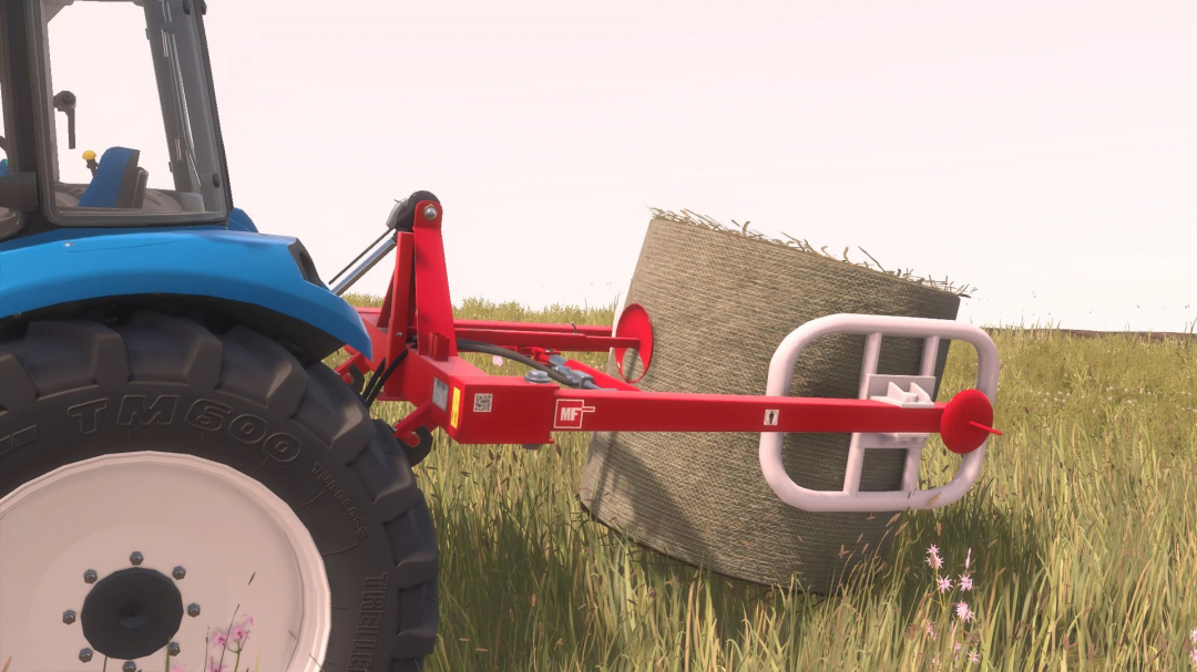 FS25 mod Metal-Fach T225 v1.0.0.0 showing a hay bale grabber attached to a tractor in a grassy field.