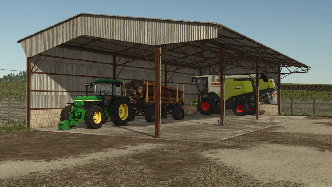 Metal Shed v1.0.0.0 mod for FS25 featuring tractors and equipment inside a barn.