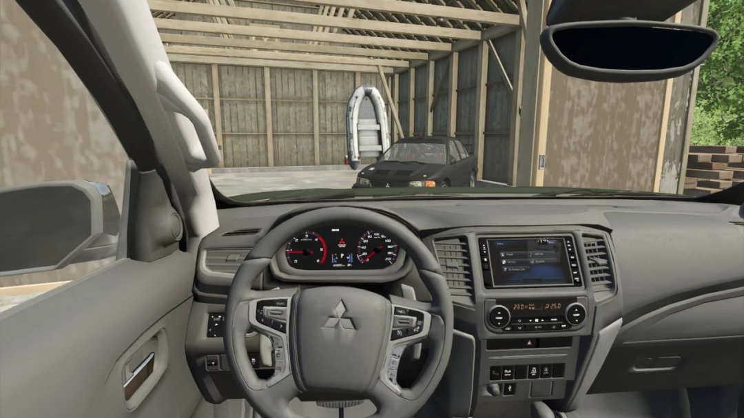 Interior view of Mitsubishi L200 2020 mod in FS25, showcasing dashboard and steering wheel details.