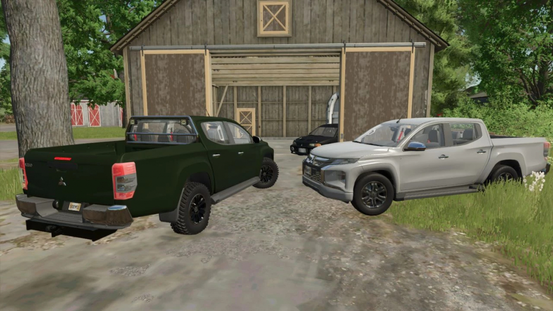 FS25 mods Mitsubishi L200 2020 parked by a barn, showcasing vehicle details in Farming Simulator 25.