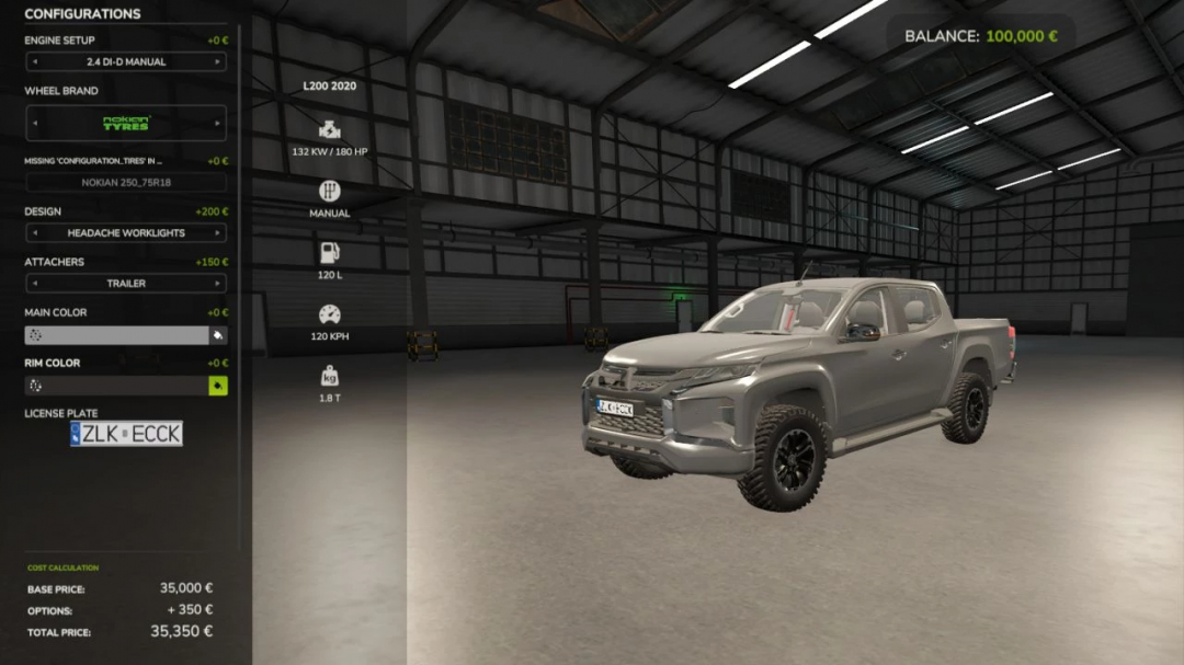 FS25 mods: Mitsubishi L200 2020 v1.0.0.0 in garage with customization options.