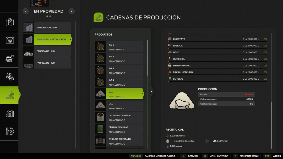 FS25 mods: Multiple Factory v1.0.0.2 production chain interface displaying lime storage and costs.