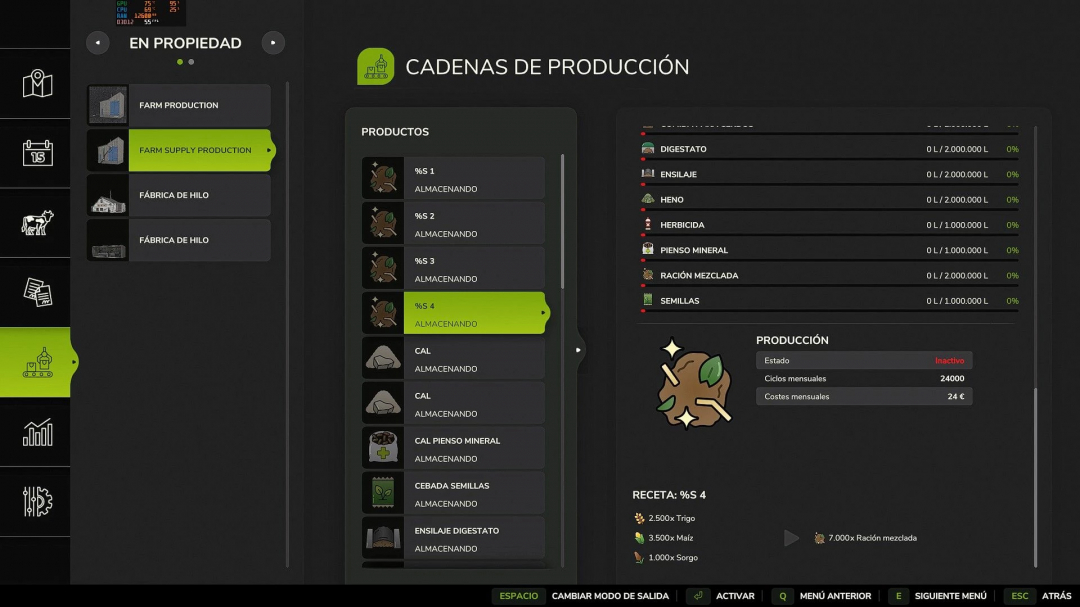 FS25 mods interface showing production chains and inactive status in Farming Simulator 25, Multiple Factory v1.0.0.2.