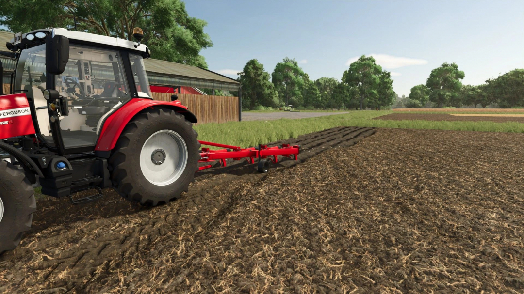 FS25 mod ÜNLÜ 5 L? PULLUK v1.0.0.0 on a red tractor plowing a field.