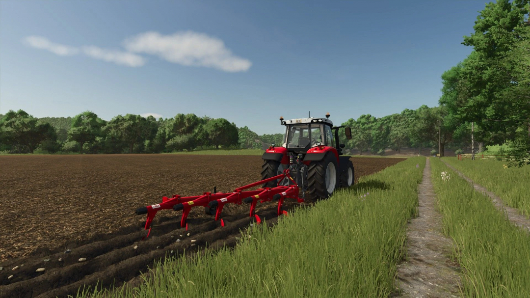 Tractor plowing field using ÜNLÜ 5 L Plow mod in FS25.