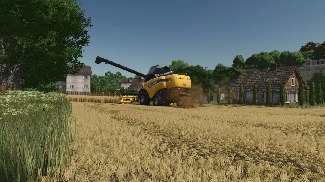 New Holland CH 7.70 harvesting wheat in Farming Simulator 25 mod.