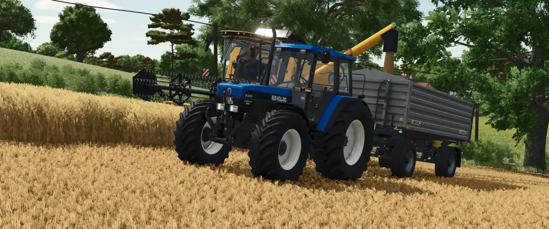 New Holland 8X40 tractor mod in FS25 harvesting wheat field.