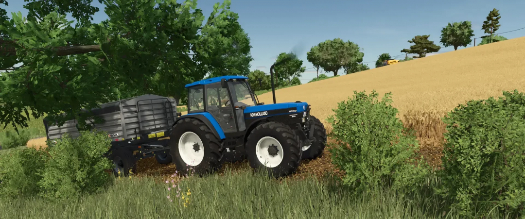 New Holland/Ford 8X40 mod in Farming Simulator 25, driving through a wheat field.