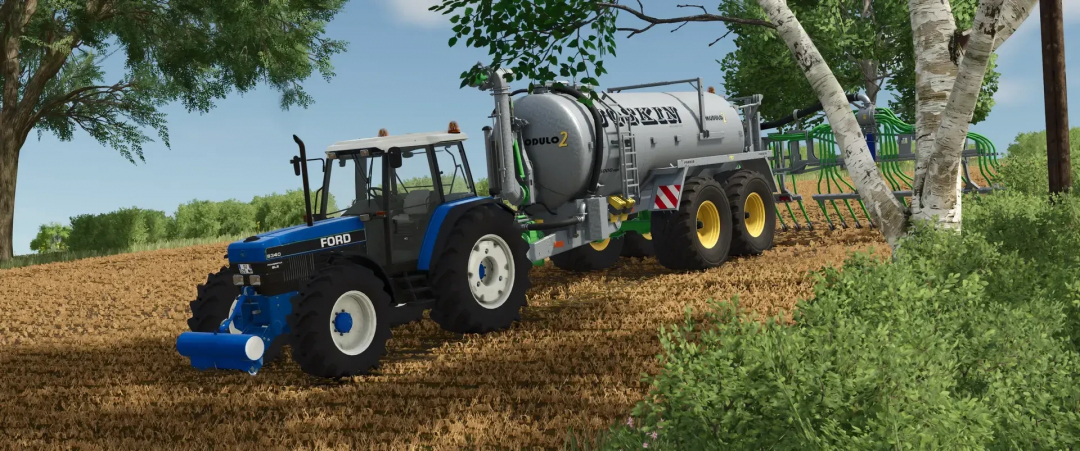 FS25 mod New Holland Ford 8X40 tractor with Joskin trailer on farm.