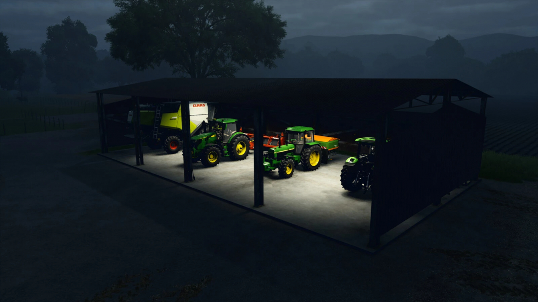 FS25 mods: Old Rusty Shed v1.0.0.0 with tractors and farm equipment at night in Farming Simulator 25.