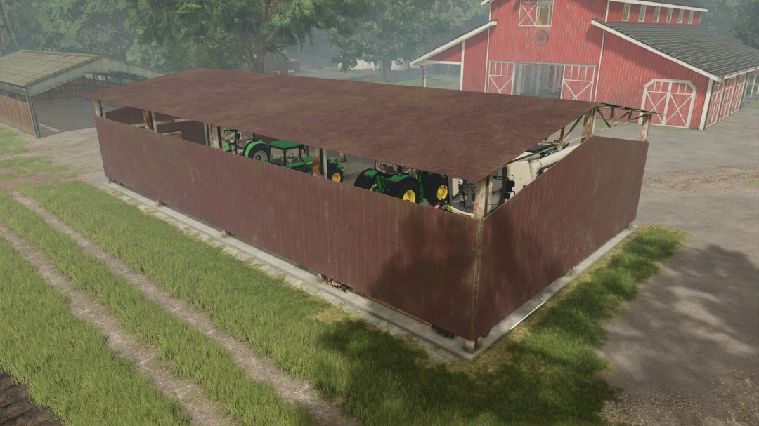 Old Rusty Shed mod in FS25, depicting a weathered metal shed storing farm equipment.