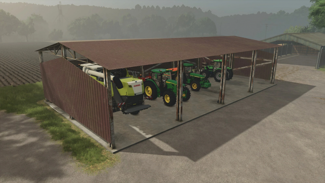 Old Rusty Shed mod for FS25, displaying tractors and equipment inside a weathered structure.