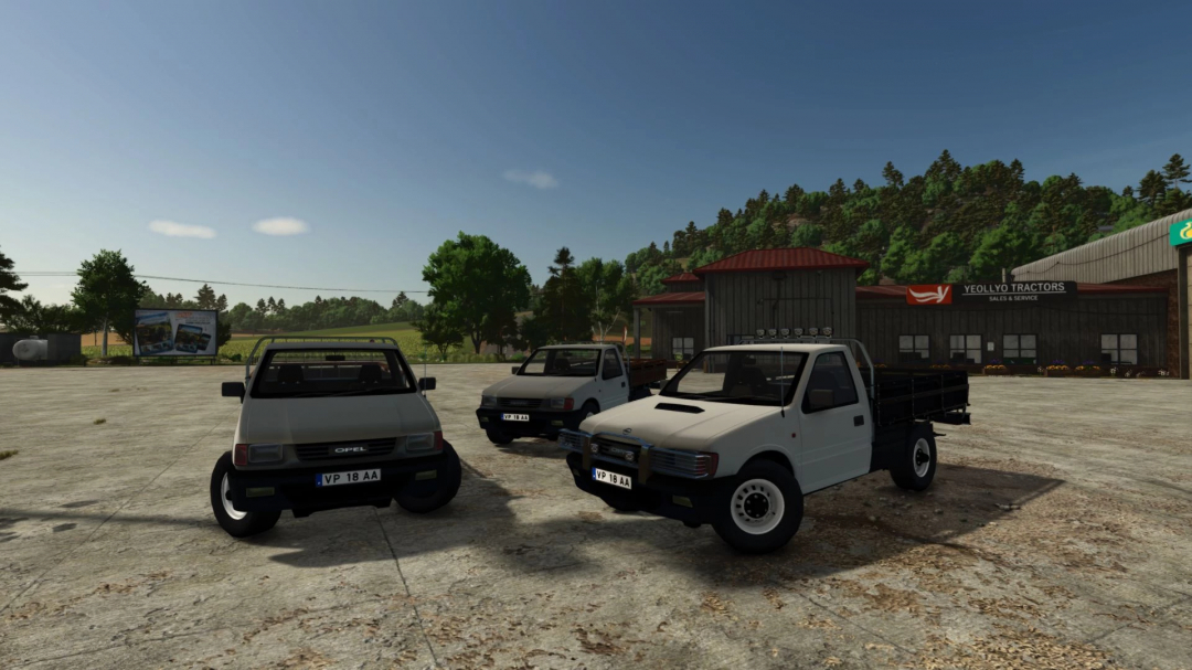 Opel Campo 1997 mod in FS25, showcased in a rural setting with three vehicles near a tractor service store.