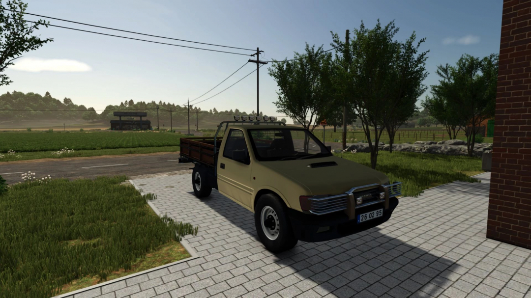 Opel Campo Isuzu Faster 1997 mod for FS25 shown on a farm driveway.