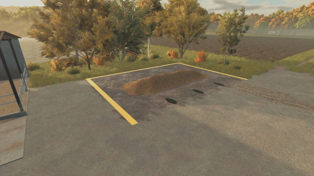 Open Manure Heap mod in FS25, showing a manure pile in a designated area surrounded by trees.