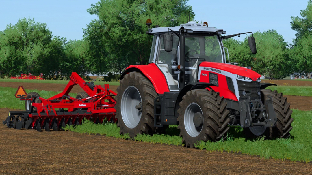 FS22 mod Ozdoken Evodisc Pack v1.0.0.1 showing a Massey Ferguson tractor with a red disc harrow in a field.