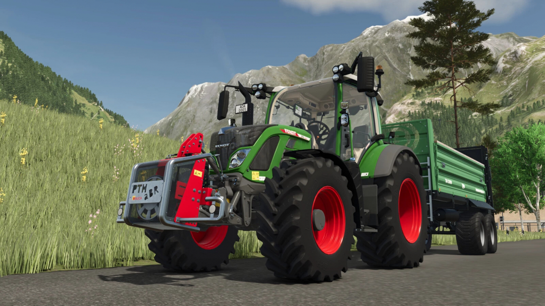 FS25 mod PTH ABR 600 v1.0.0.0 showcasing a tractor with a trailer in a mountainous landscape.