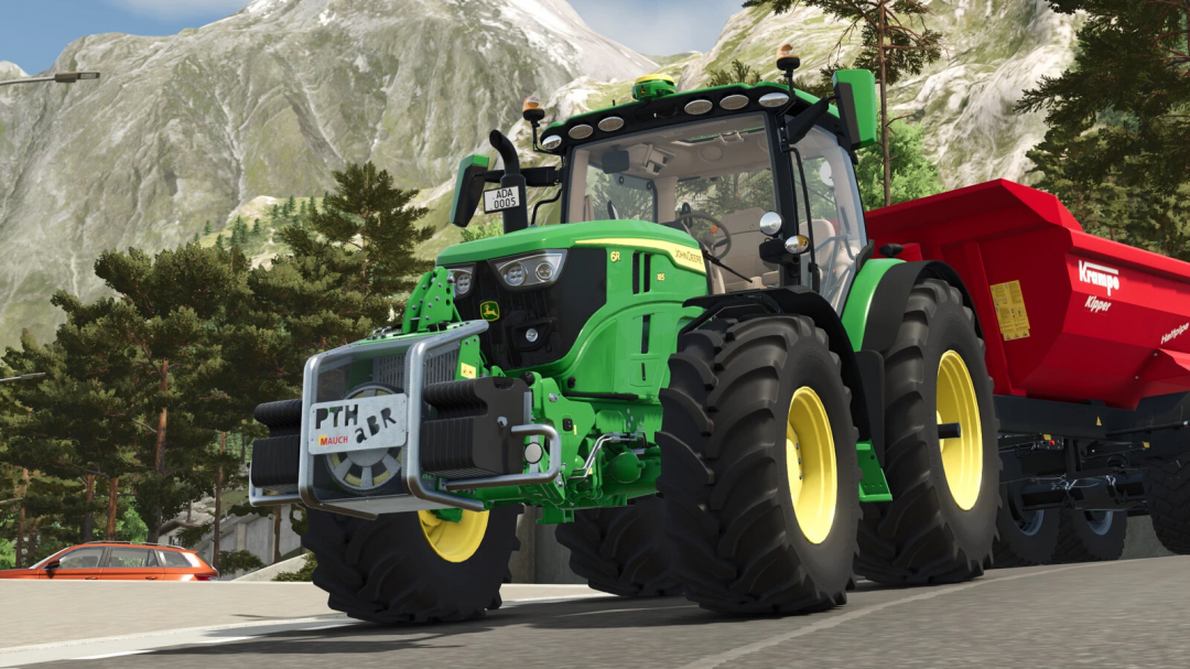 FS25 mod PTH ABR 600 v1.0.0.0 featuring a green tractor with a red trailer against a scenic mountain backdrop.