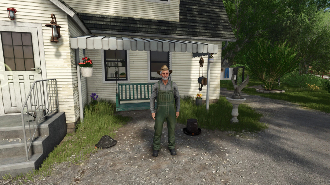 Character standing in front of a house in FS25, part of Placeable Snowman Pack mod. Farming Simulator 25 mods.