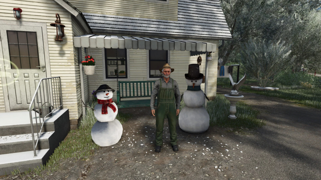 FS25 Placeable Snowman Pack mod showing a character with two snowmen in front of a house.