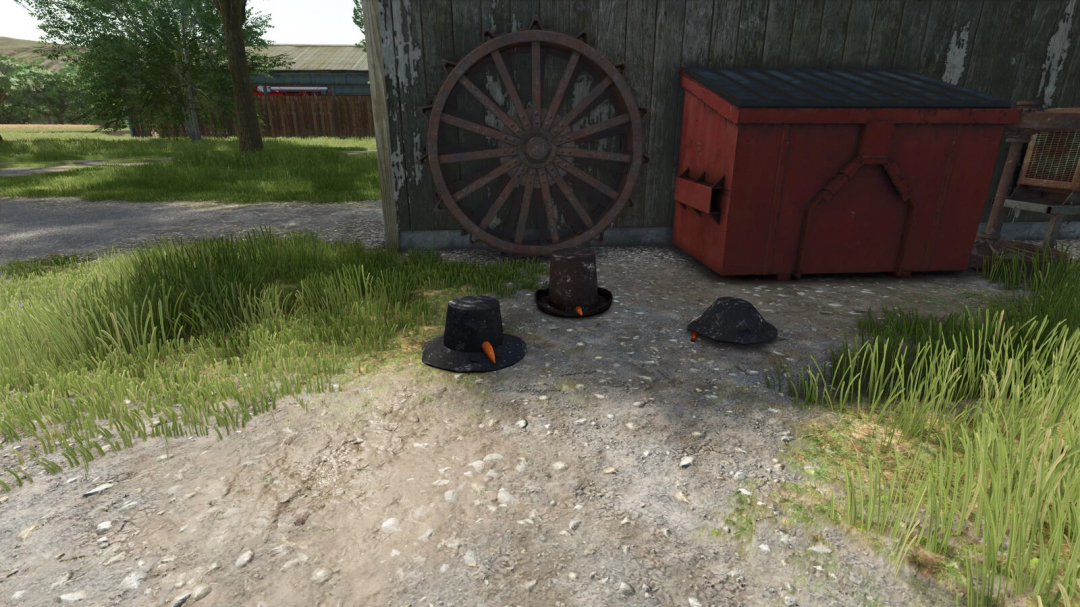 Farming Simulator 25 Placeable Snowman Pack mod showing snowman hats with carrot noses by a barn.