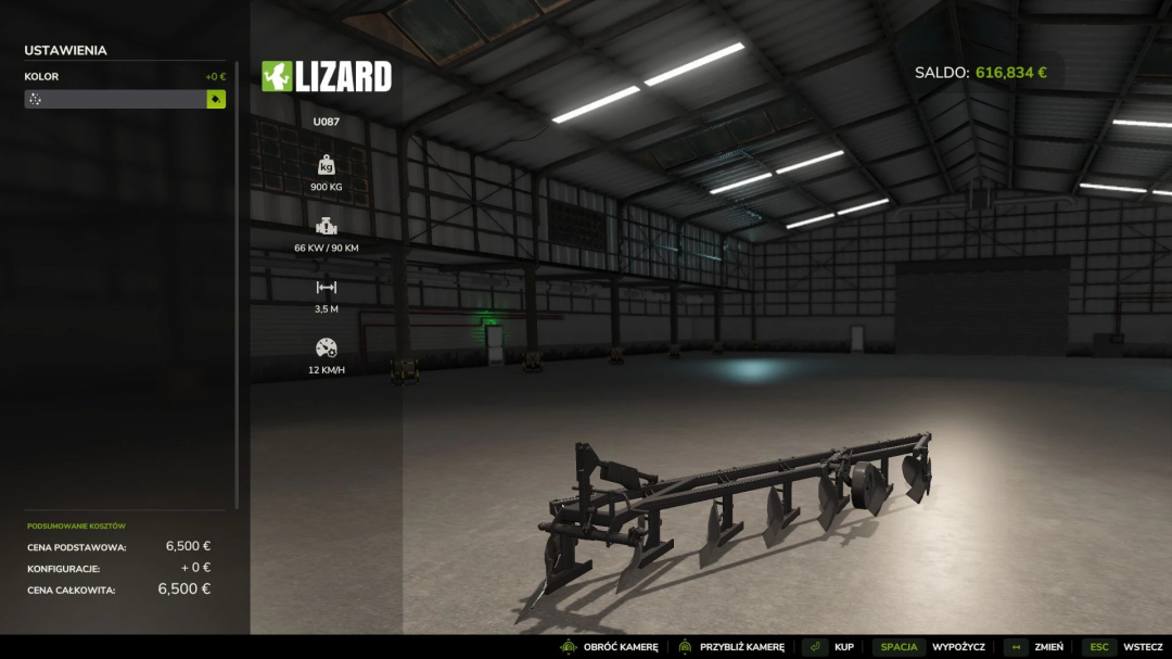 FS25 mod Polish Plows Pack in a virtual garage, displaying stats like weight, power, and cost.